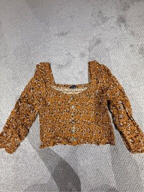 American Eagle Outfitters Mustard Floral Smocked Button-Front Crop Top